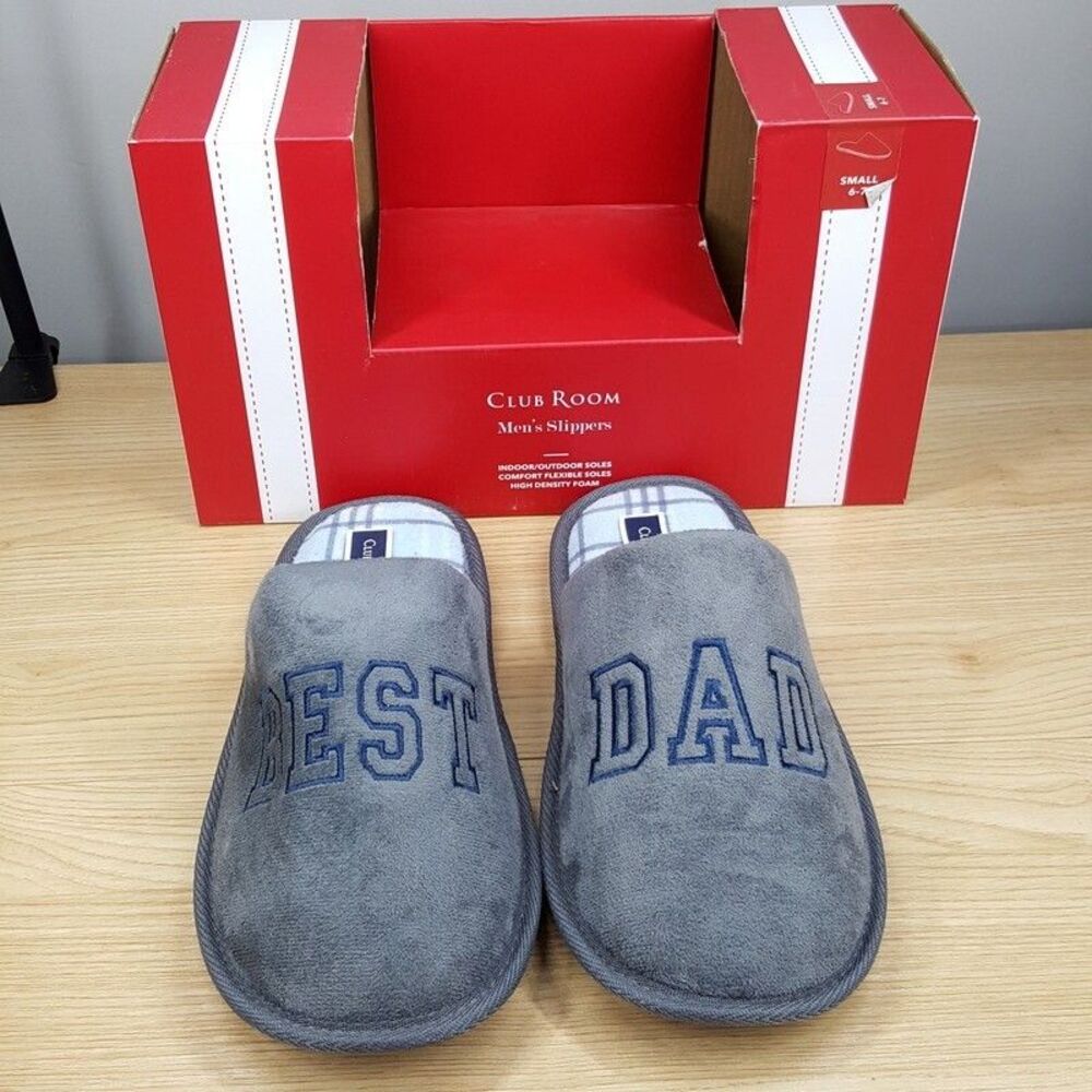 CLUB ROOM Mens Slippers Size 6 - 7 Gray Slip On Plush Lined Comfort DAD
